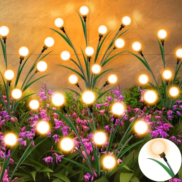 solar firefly garden lights, waterproof garden lights, LED solar path lights, outdoor decorative lights, swaying solar lights, solar-powered garden decor, firefly lighting effect, solar decorative lights, energy-efficient outdoor lights, Swaying solar firefly garden lights, waterproof, LED-powered, perfect for outdoor path and landscape decor.